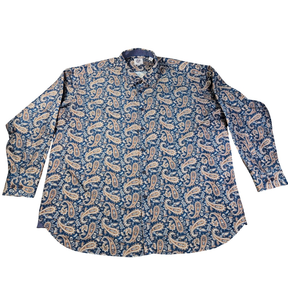 Kilburne & Finch Mens 3XL Blue Paisley Button Down Long‎ Sleeve Micro Dot Trim
